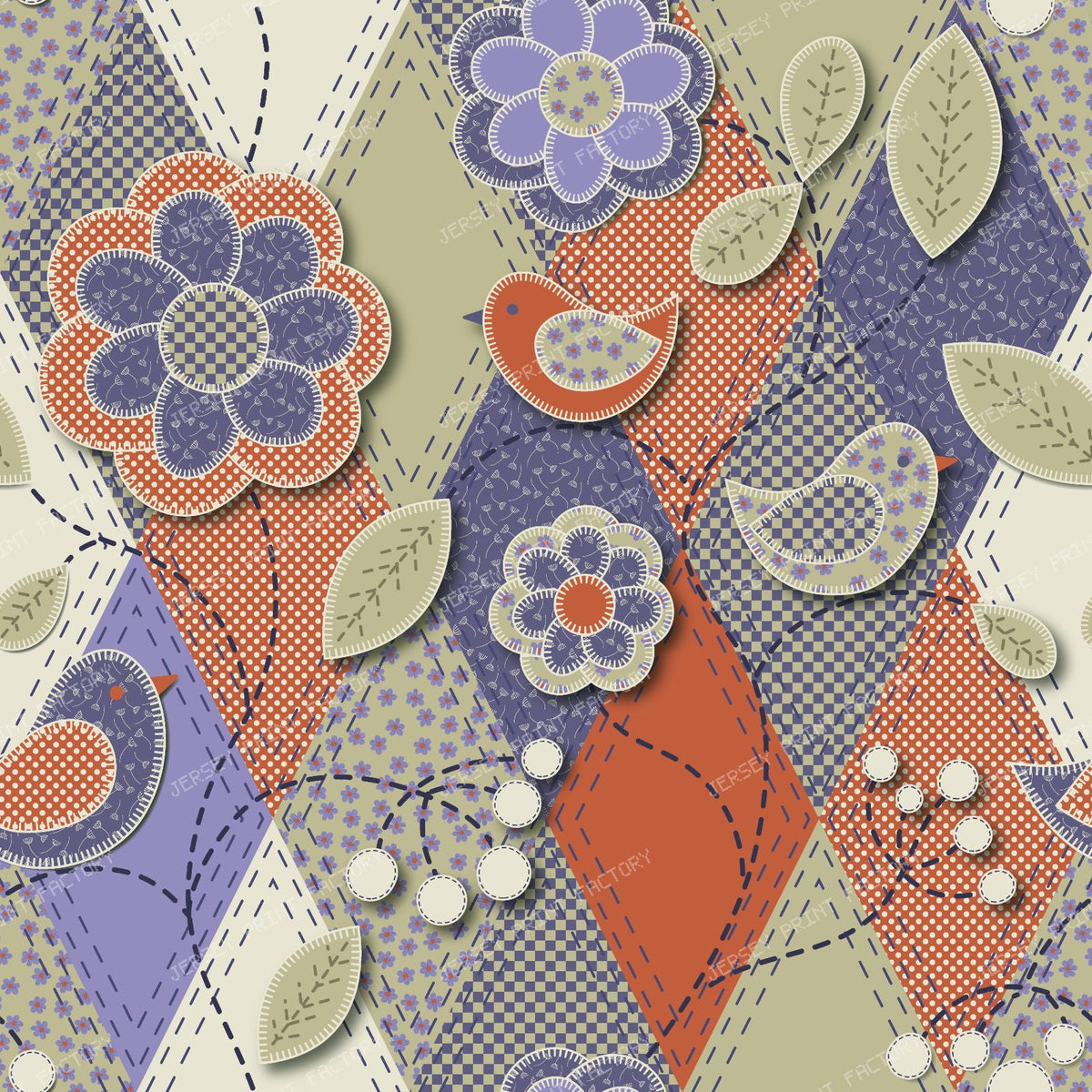 Folk Art Patchwork Floral Applique Pattern multi orange