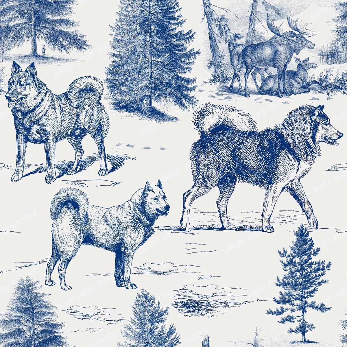 Alaskan Malamute and Northern Dogs in the Winter Landscape Earth Tones Monochromatic Toile Pattern — Blue