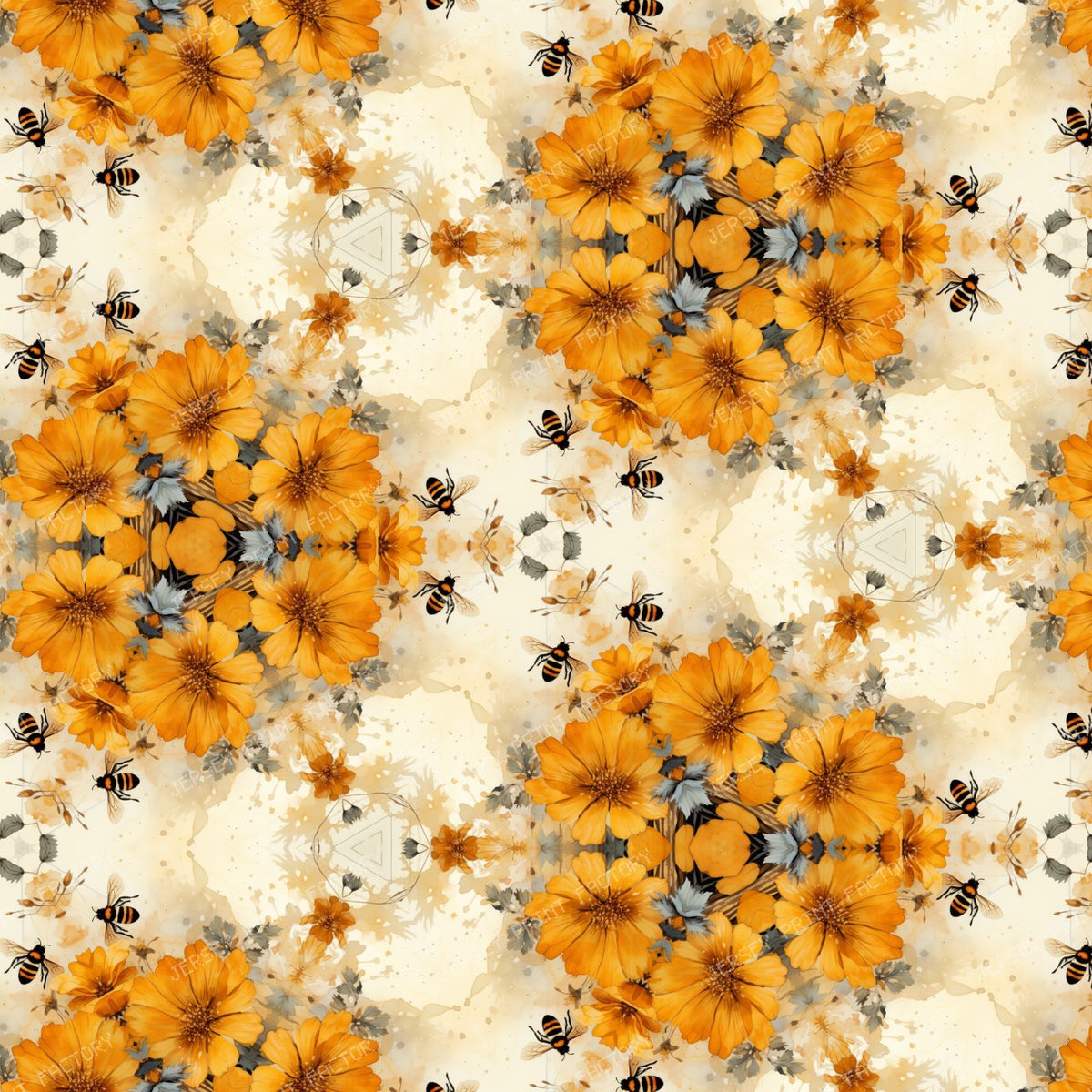 Abstract Rocky Mountain Wildflower and Bee Watercolor Fabric Printing