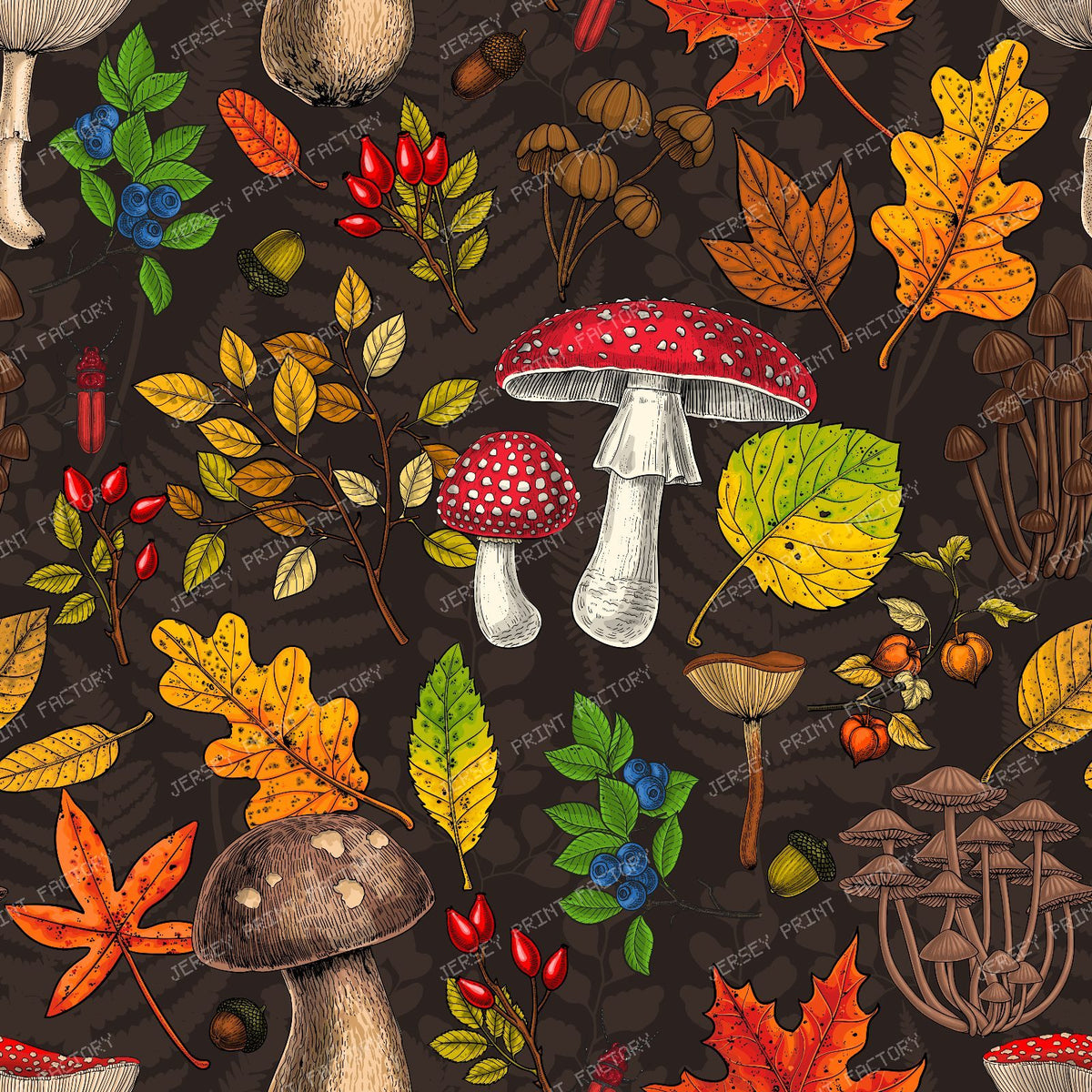 Autumn mushrooms, leaves, nuts and berries on dark brown