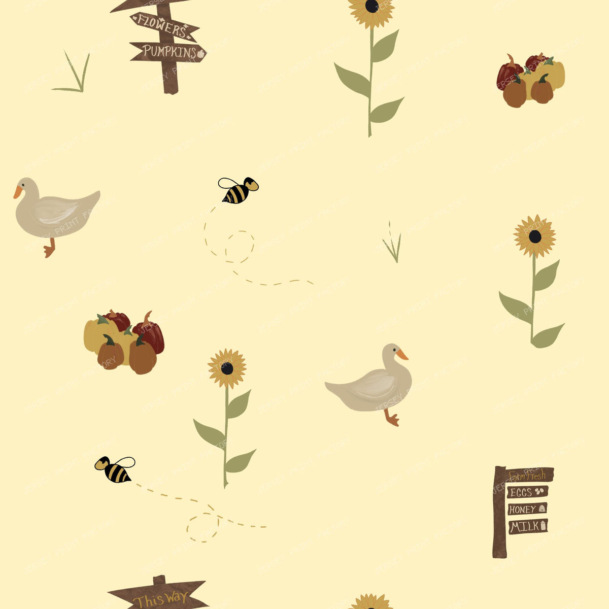 Farm Market Ducks Pumpkins Bees Fall Toss/ Old Harvest Lane Butter Yellow