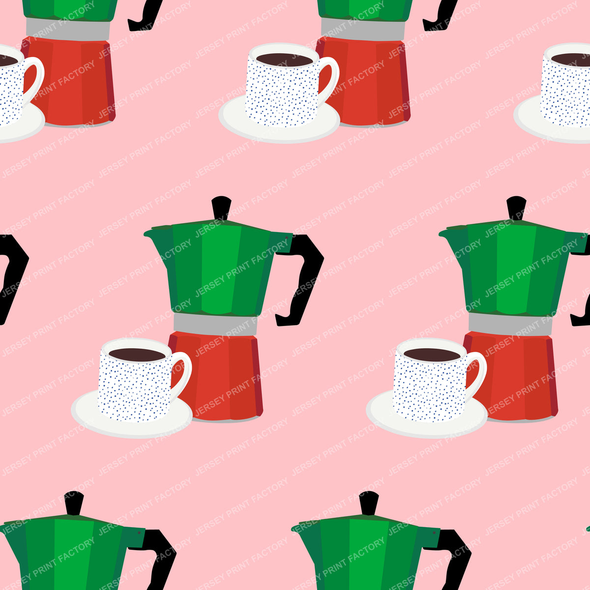 Coffee Pot Lineup in Peachy Pink with Red Green Pot