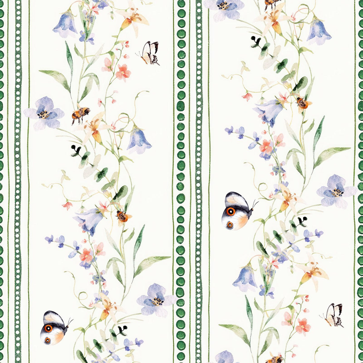 Vintage French Country Ribbon Stripe with Climbing Vines and Dotted Borders - Blue — Grün