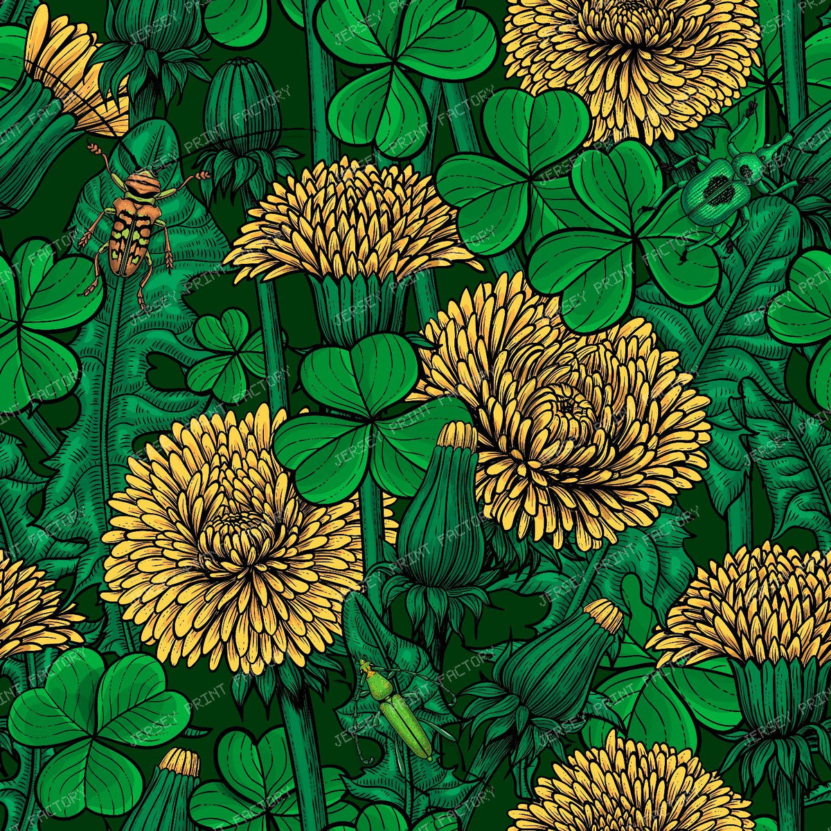Dandelions and clovers in green and yellow