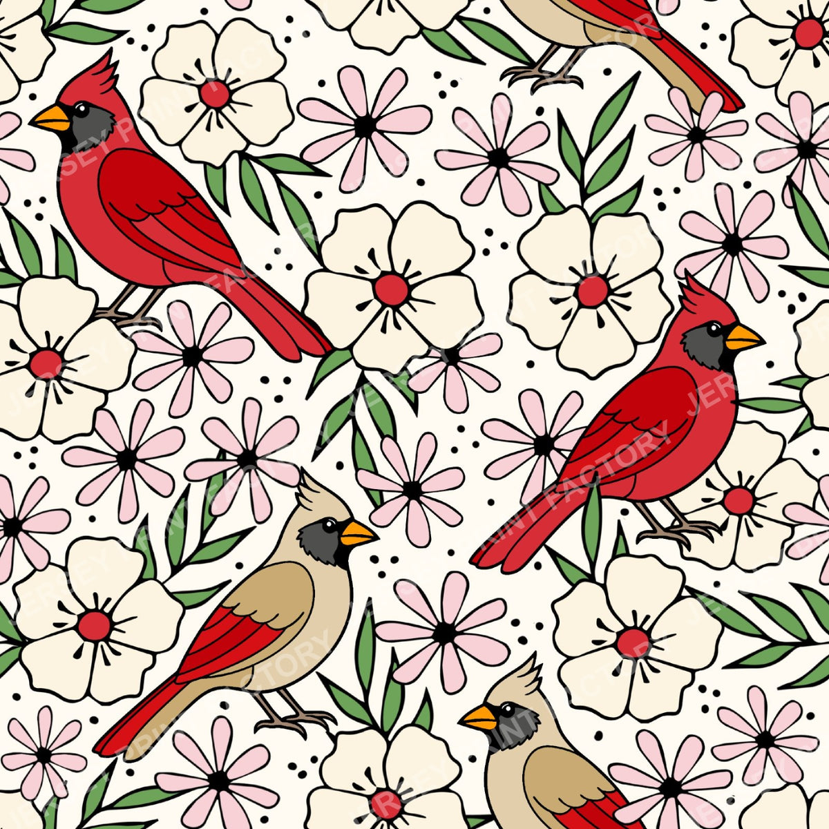 Cardinal Birds And Ivory Flower Blossoms Off White