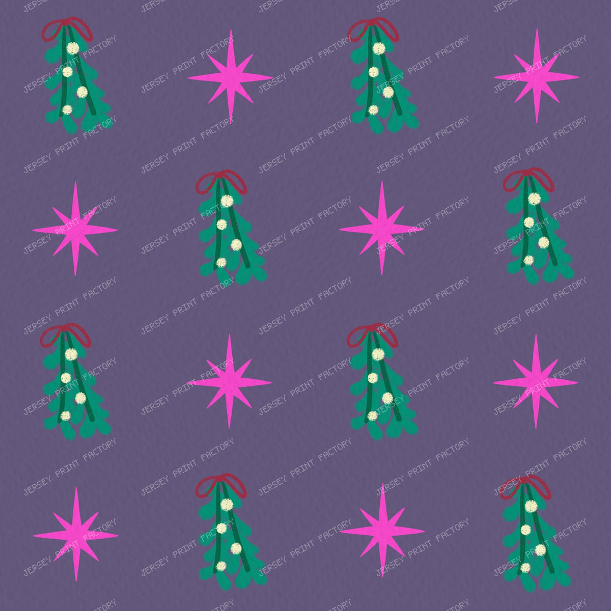 Whimsical Winter Mistletoe and Pink Stars on Purple — Muted purple