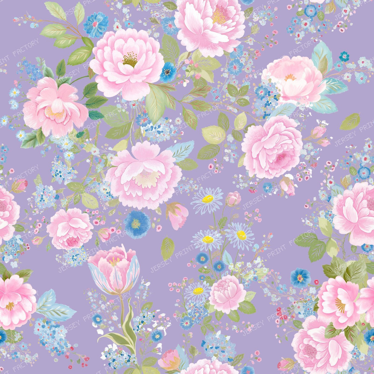 Pink Roses Garland French Country Rococo Pattern on Lavender Purple