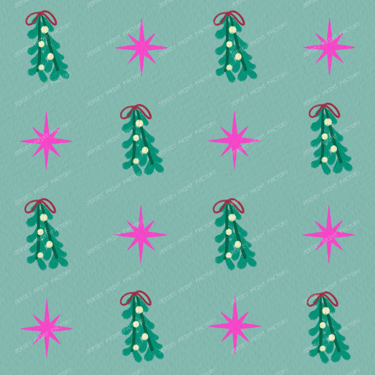 Whimsical Winter Mistletoe and Pink Stars on Purple — Sage Green