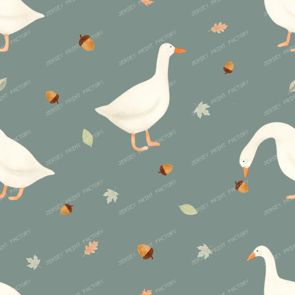 Watercolor autumn geeses and acorns on green background