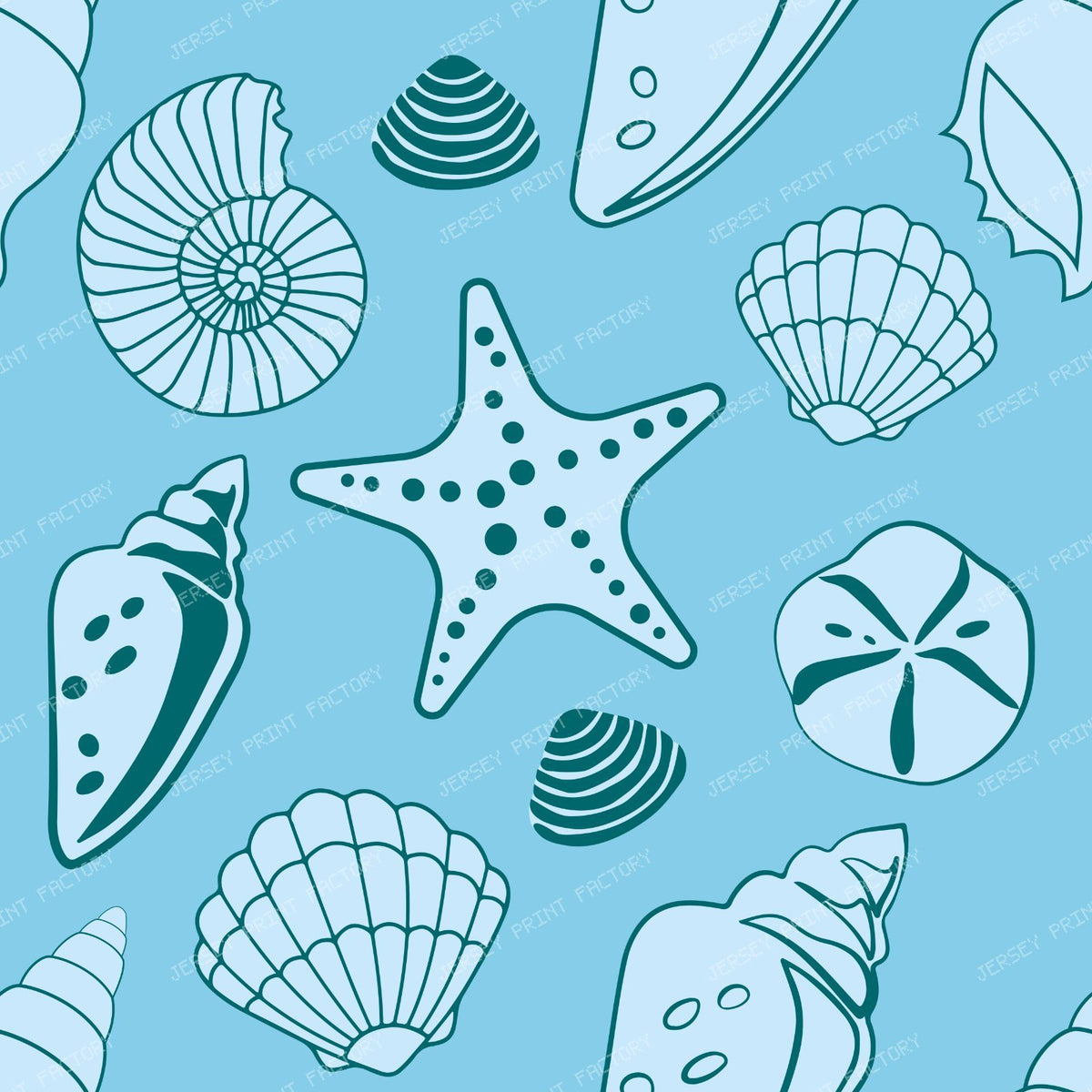 Seashells, Scallops, Conch Shells, Clam Shells, Starfish, Blue — Blue 2