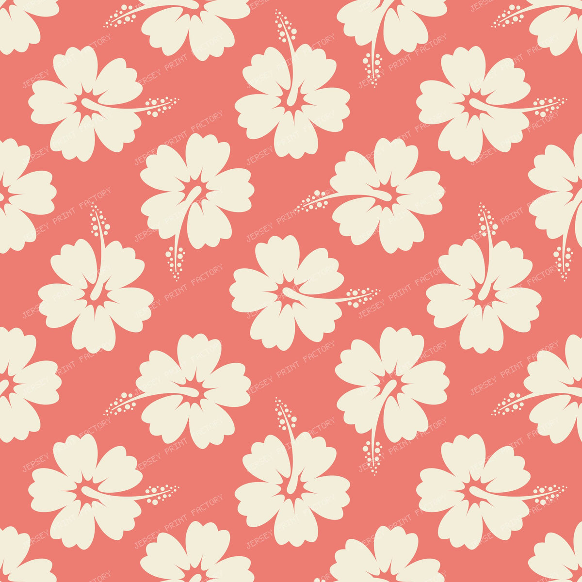 Hibiscus Tropical Floral Pattern Ivory on Coral