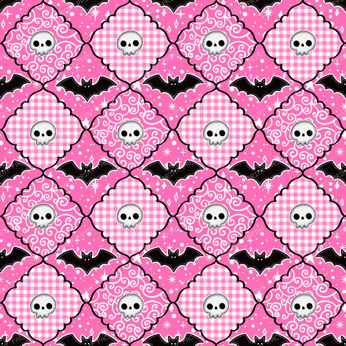 Halloween Patchwork Skulls And Bats In Pink