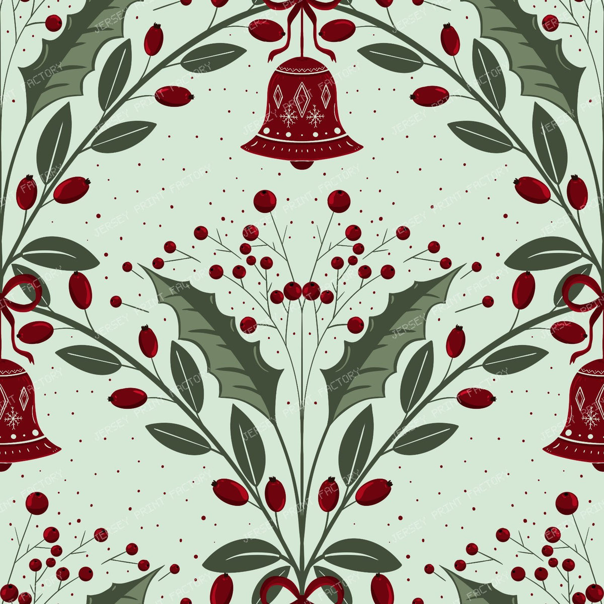 Red Bells and Holly Motifs on Light Blue Festive Ornamental Repeat — mint