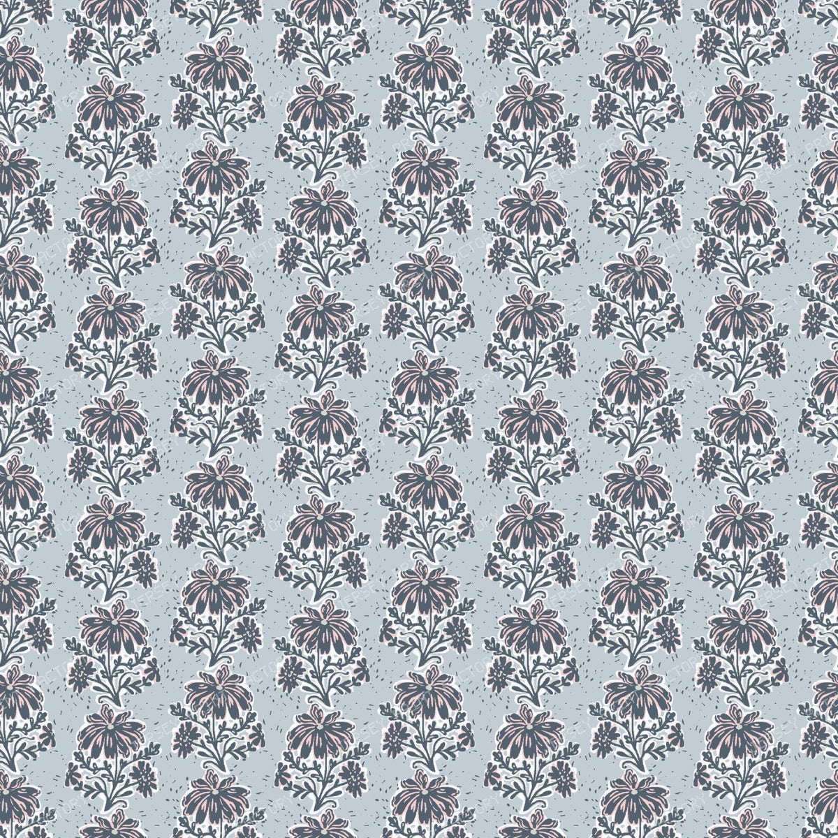 Cecily Playful Block Print Floral Lilac & Teal — Pale Dusty Blue & Pink