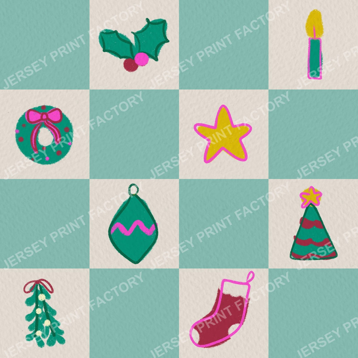 Christmas Checkerboard with Festive Doodles in Sage Green