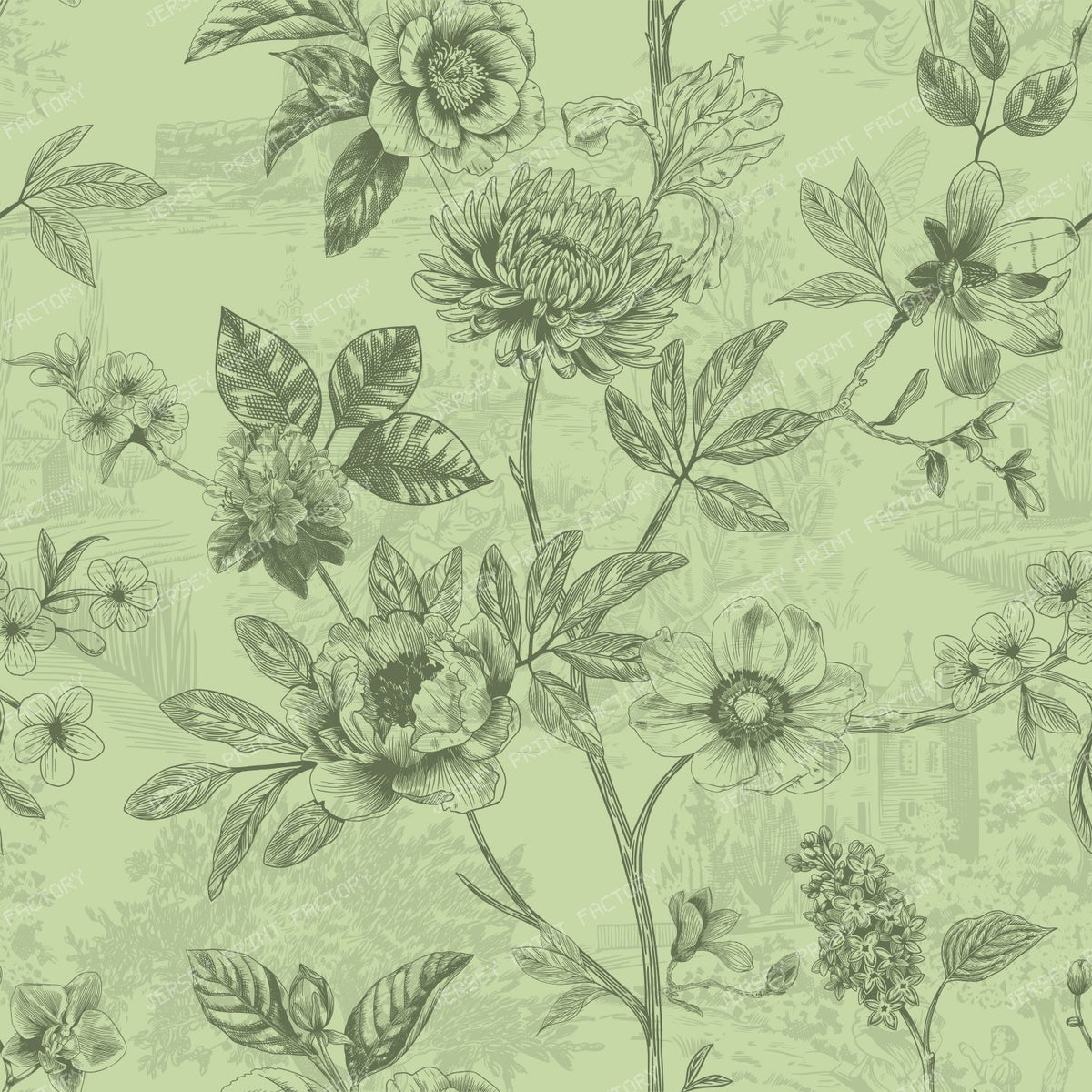 Country Roses Floral Vines Pen and Ink French Provincial - Spring Green