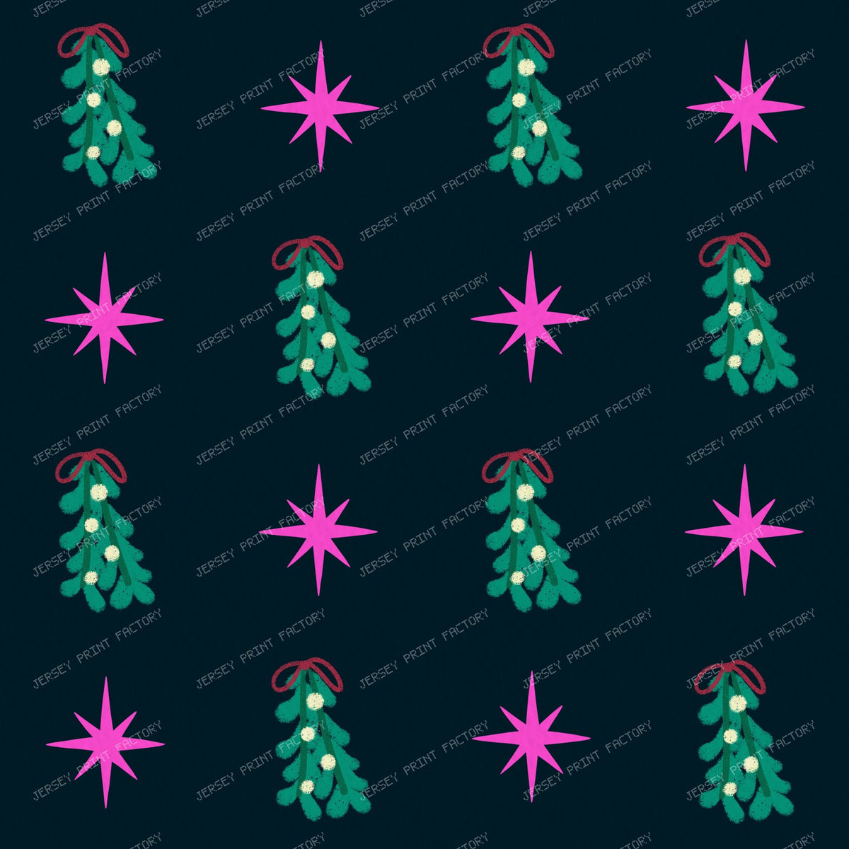 Whimsical Winter Mistletoe and Pink Stars on Purple — Deep Blue Black