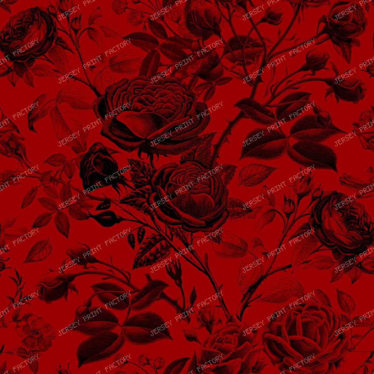 Climbing Black Roses Floral Botanical Monochromatic Pattern on Crimson