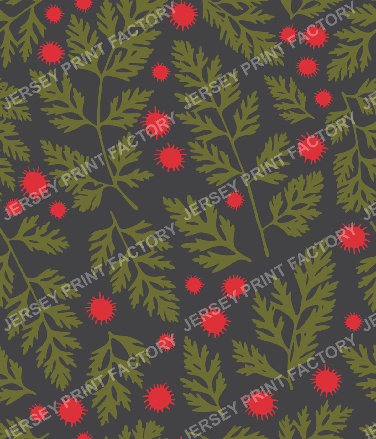 Forest Ground Botanical Fern Leaves - Green Red and Grey
