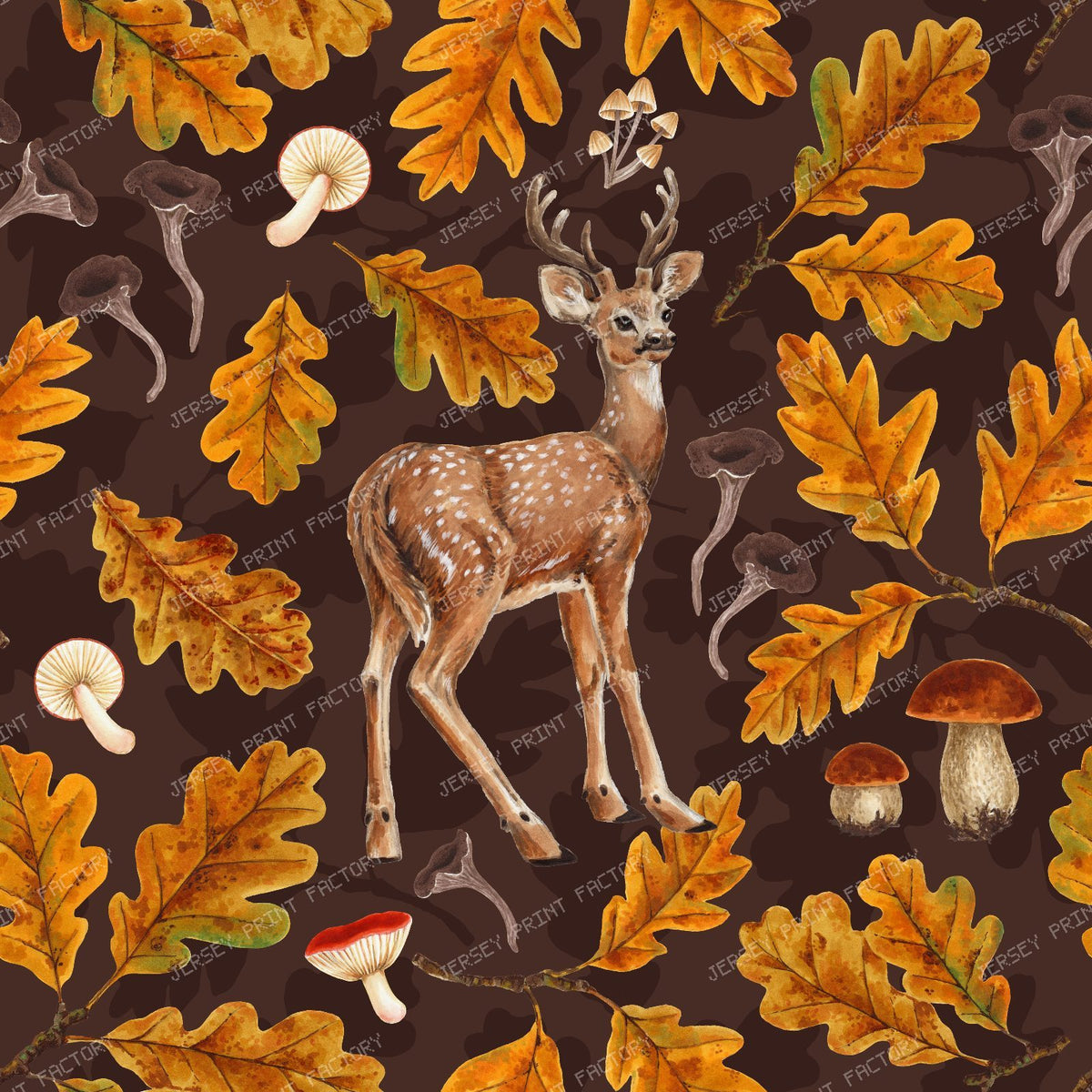 Deer in the autumnal forest on off white — on dark brown