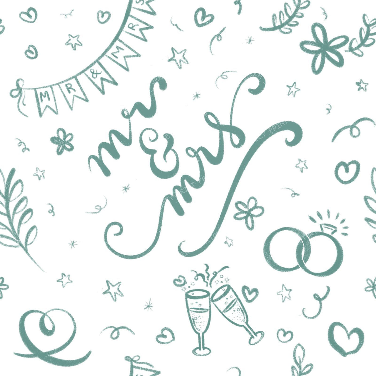 Mr & Mrs Wedding Doodles in Sage Green, engagement, bride, groom, i do — Sage green on white