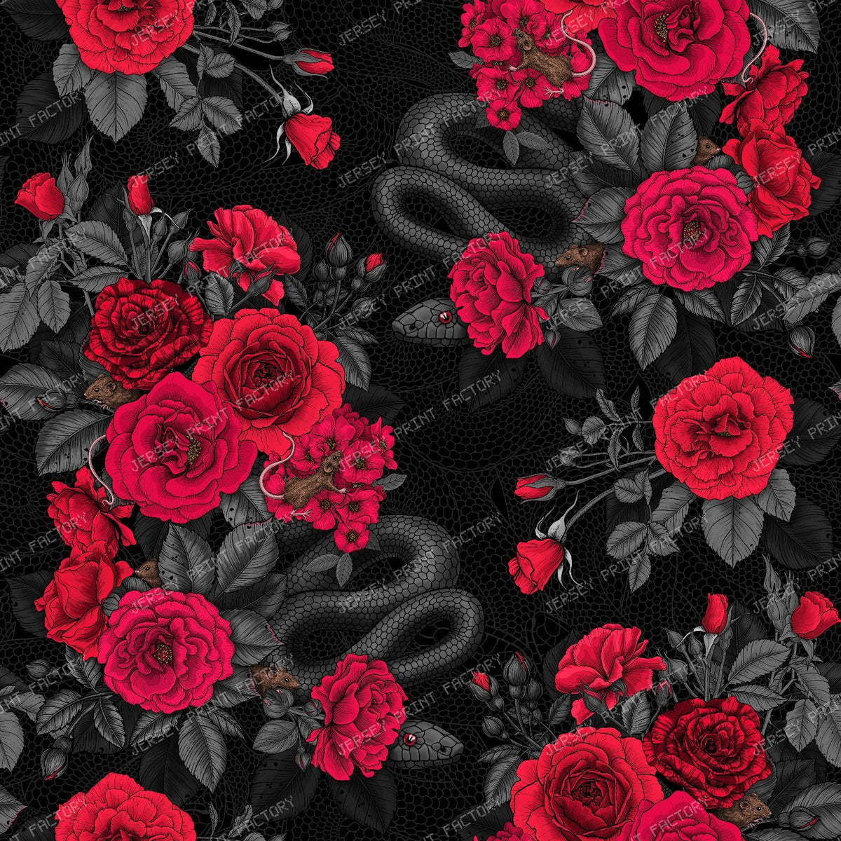 Hidden in the roses — in red, gray and black
