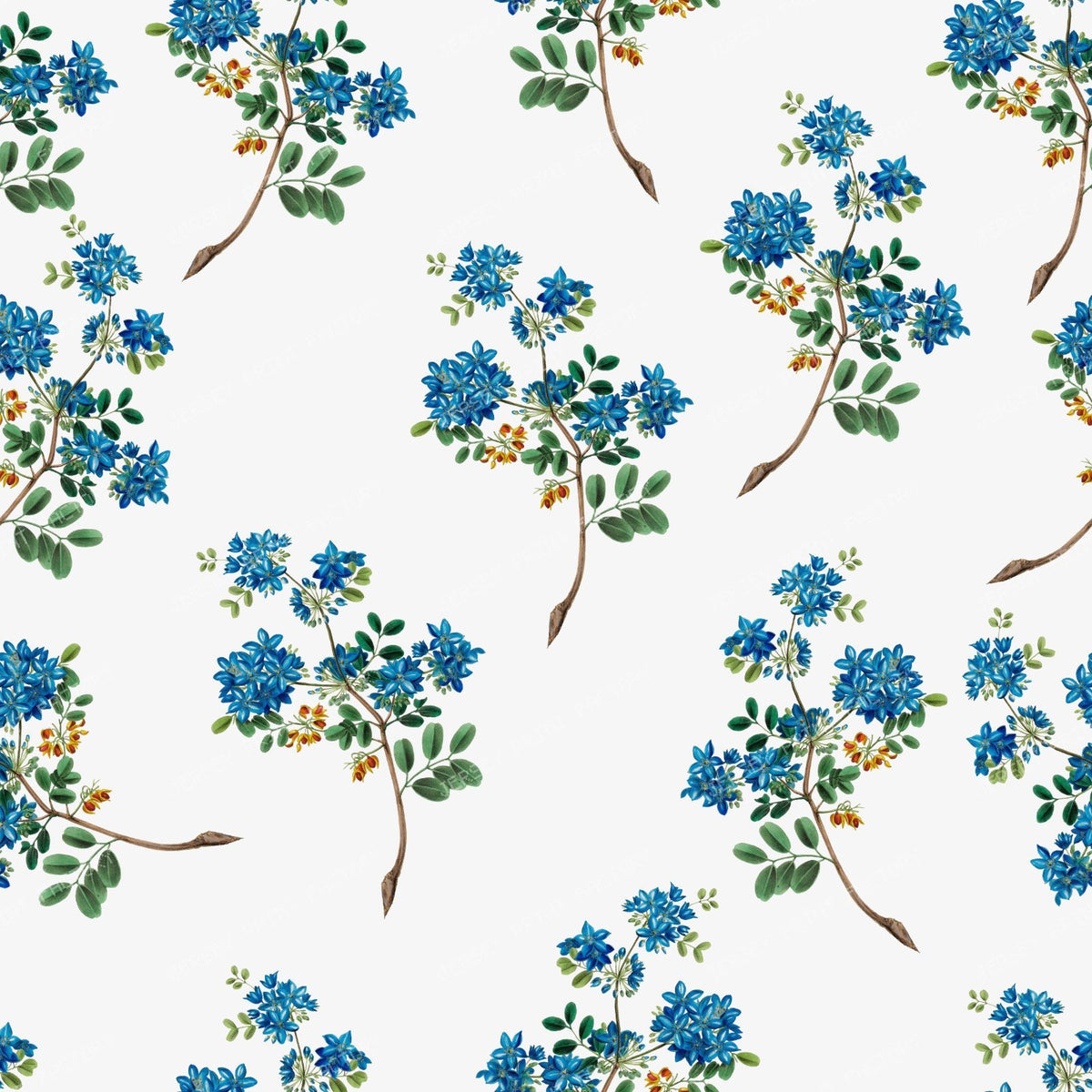 Blue Flowers, Guaiacum Flowers, Floral Pattern, Greenery — Gray