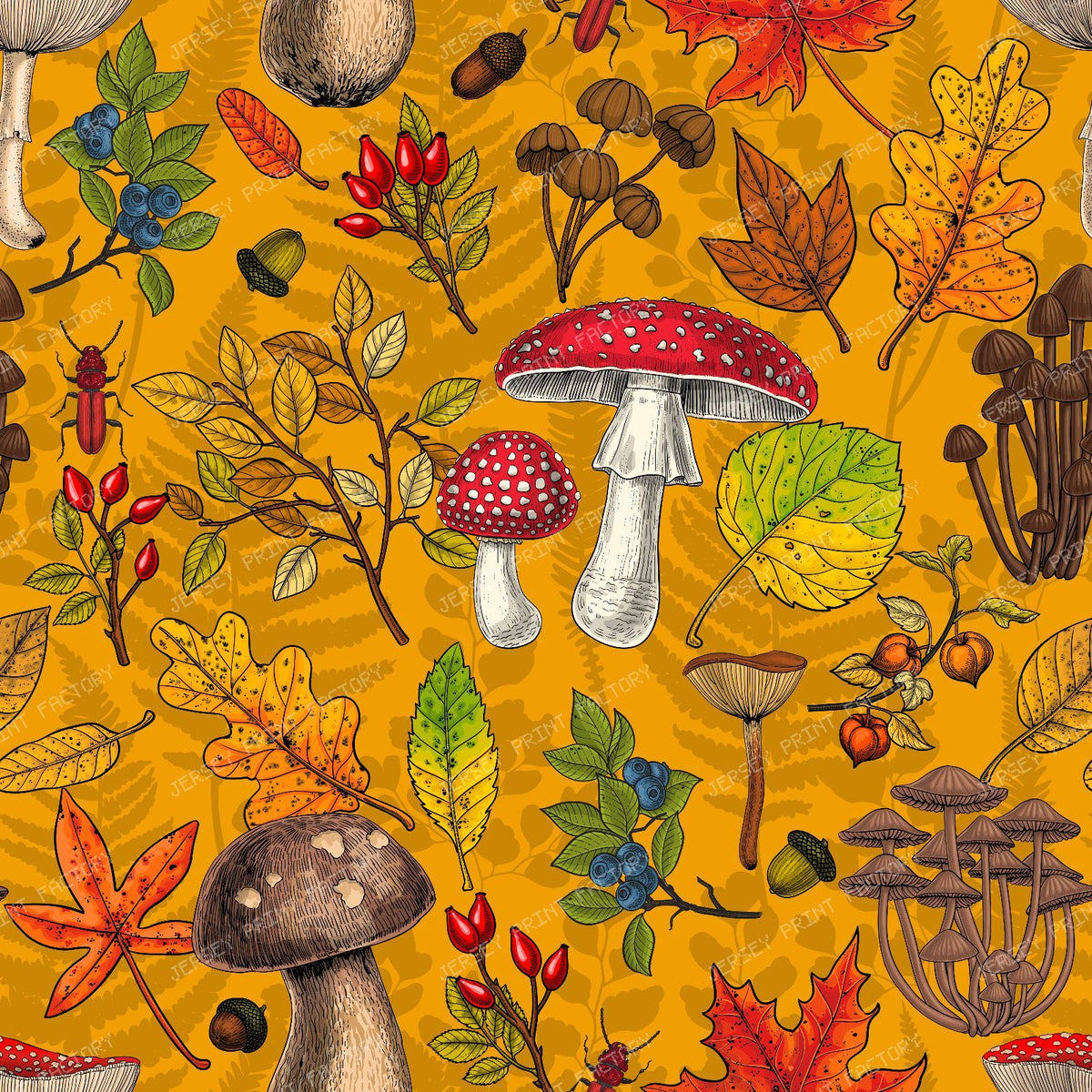 Autumn mushrooms, leaves, nuts and berries on dark brown — on mustard