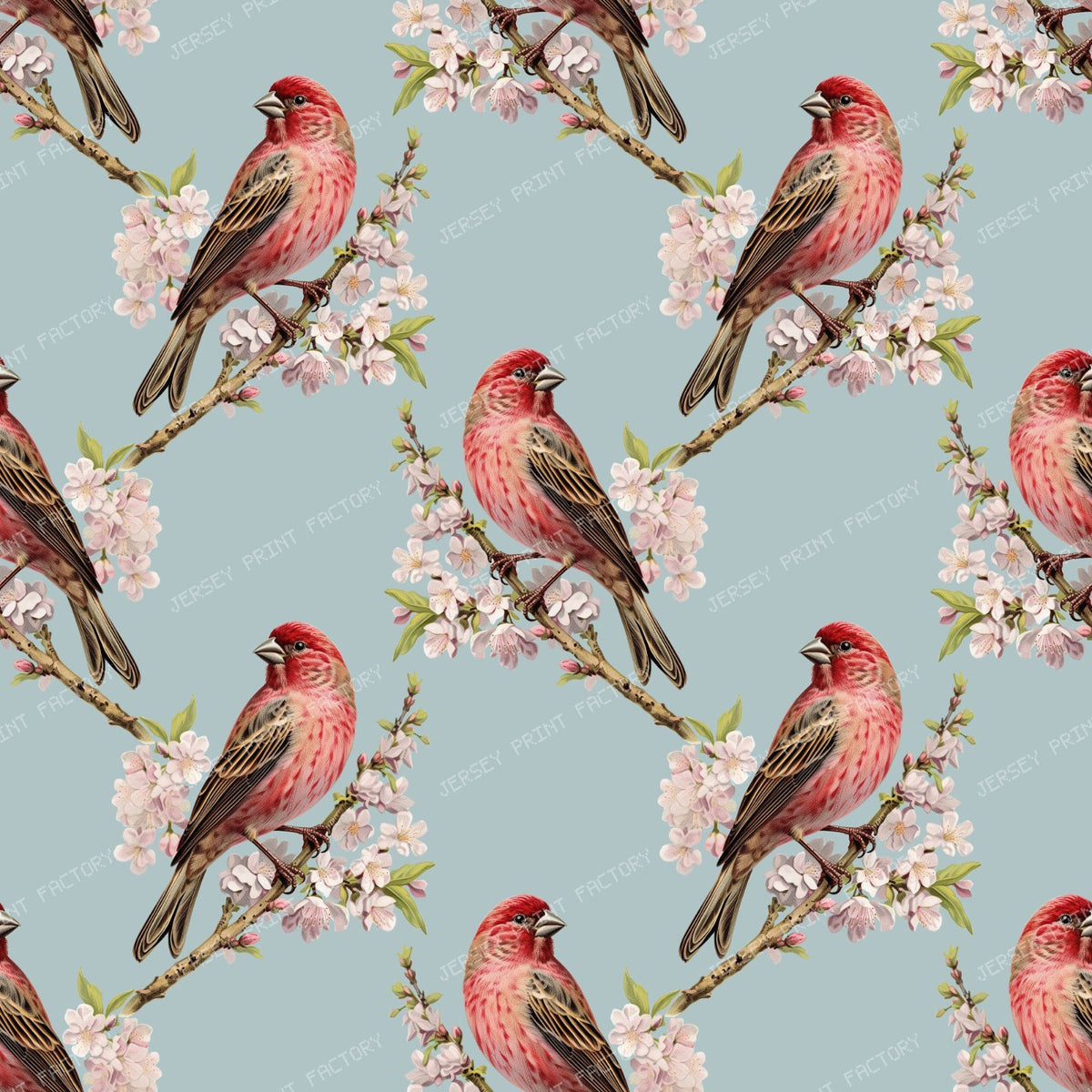 Pattern Of Birds, Red Birds, Summer Tanager, Cherry Blossom — Blue