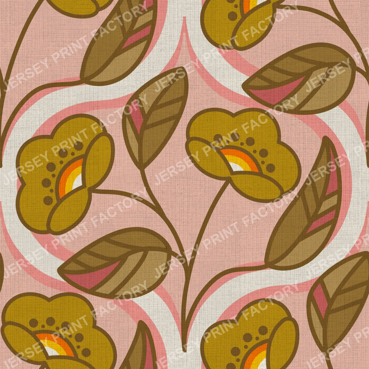 1970s Retro Flowers on a Soft Pink Ogee Background