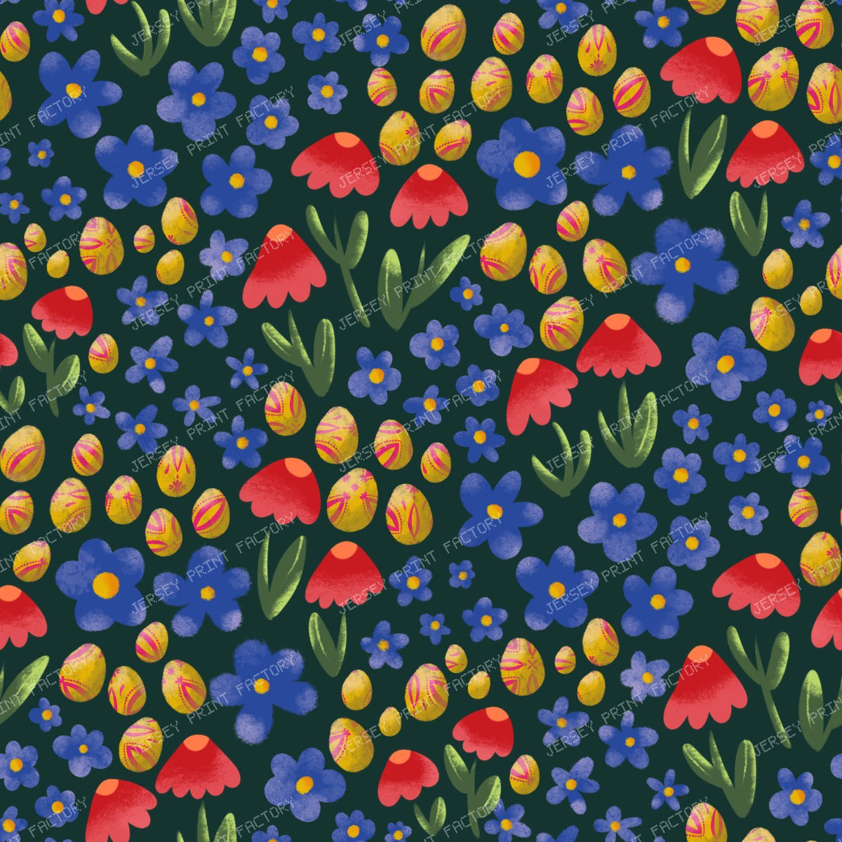 Ditsy Floral and Easter Eggs - Bright on Turquoise — Bright on Dark Green