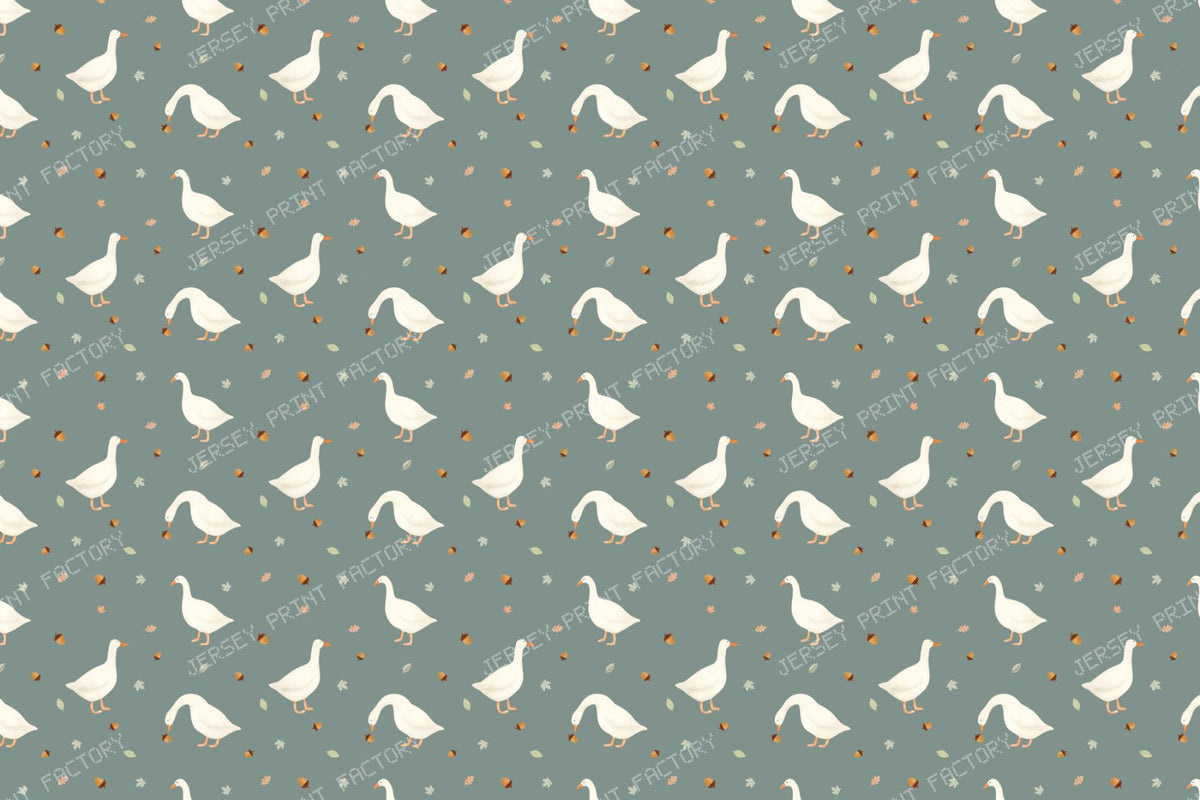Watercolor autumn geese with acorns — sage, green, beige