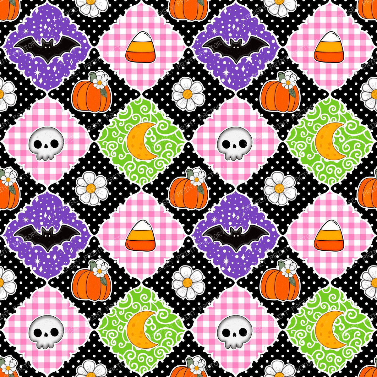 Halloween Patchwork Bats Skulls Pumpkins Candy Corn