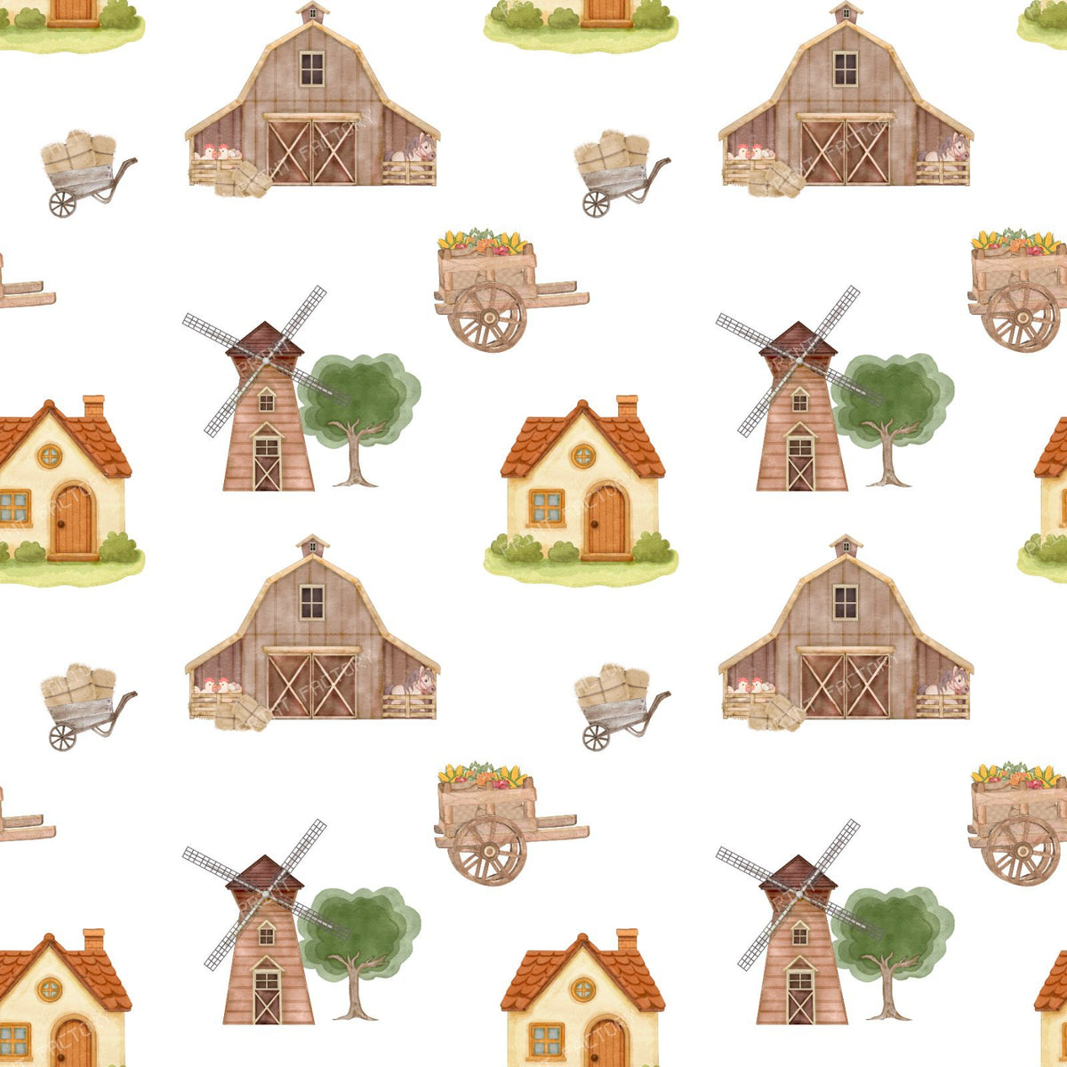 Barn, Windmill, Horse, Rooster, Crops, Tree, Farm, Ranch