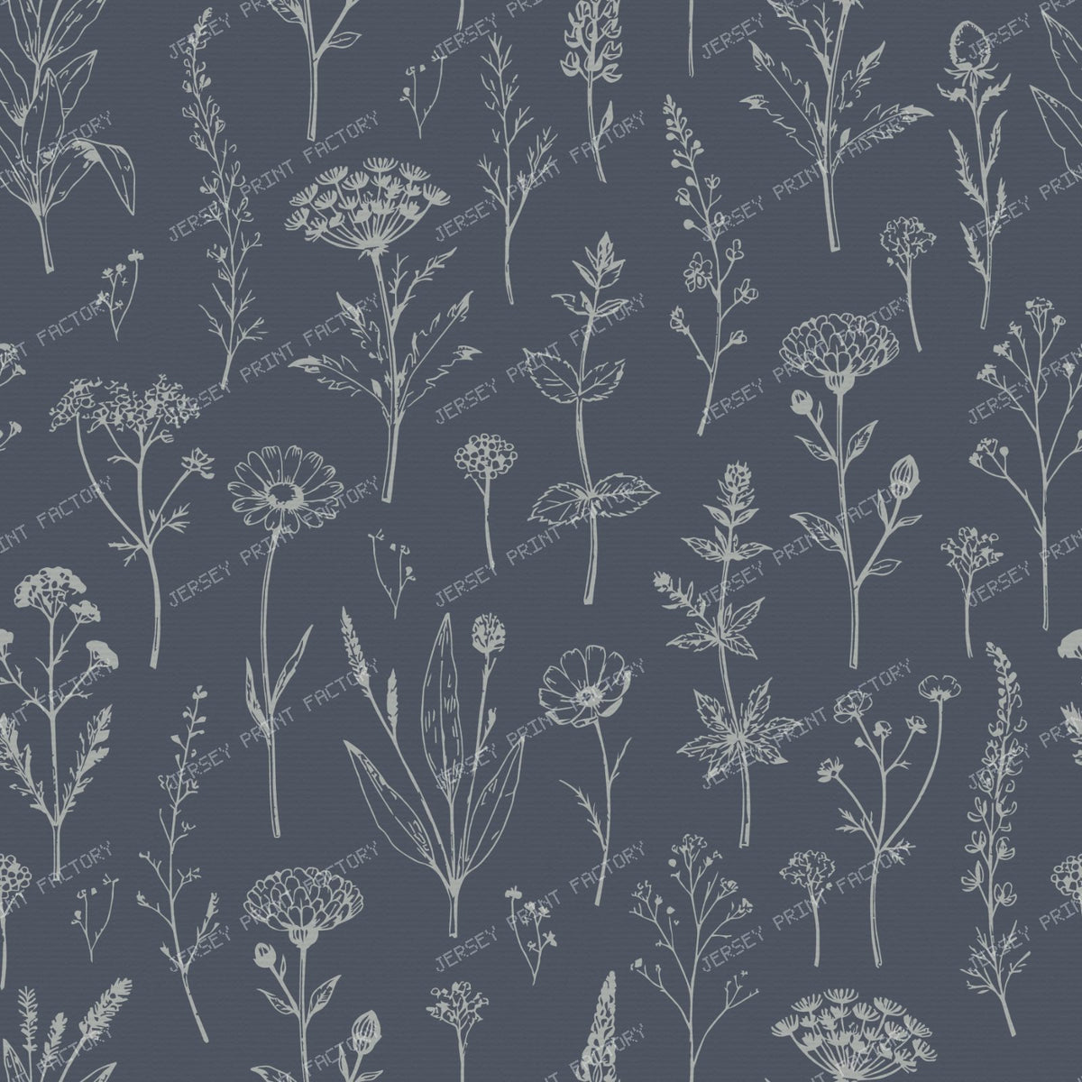 Botanical Sketch Herbarium Country Cottage Flowers - Slate & Dusty Blue — Dark Navy Blue