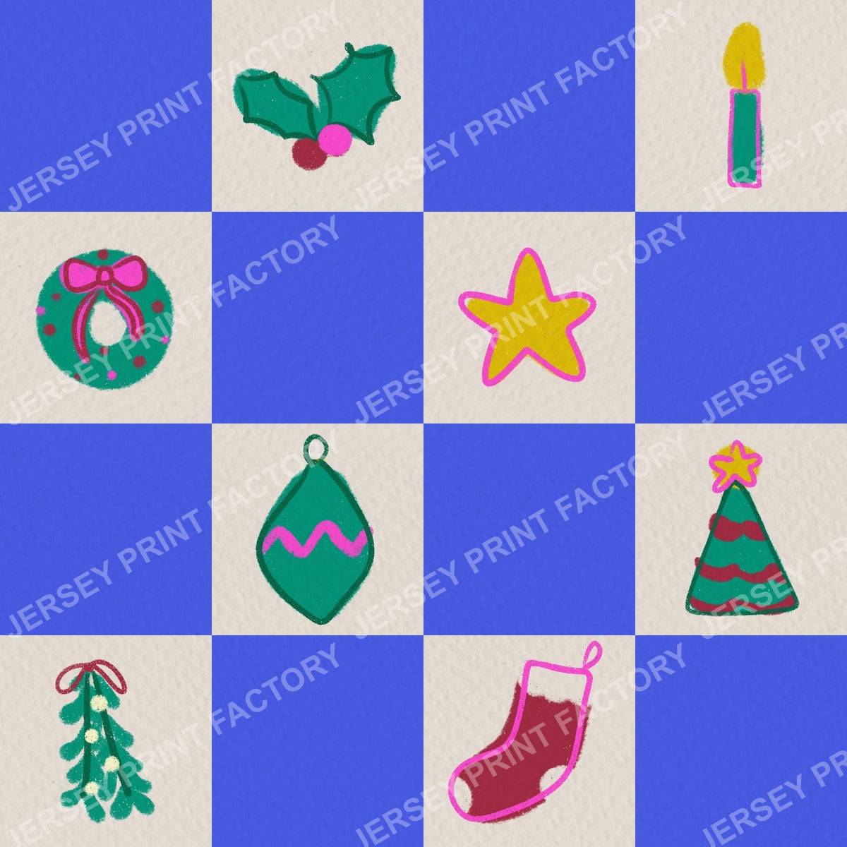 Christmas Checkerboard with Festive Doodles in Bright Blue