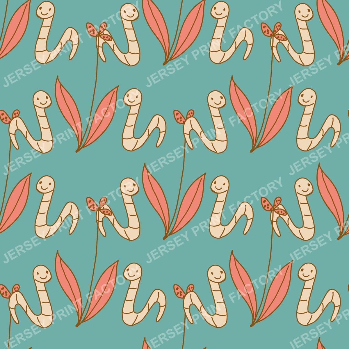 Happy Worm & Leaf Pattern — Teal