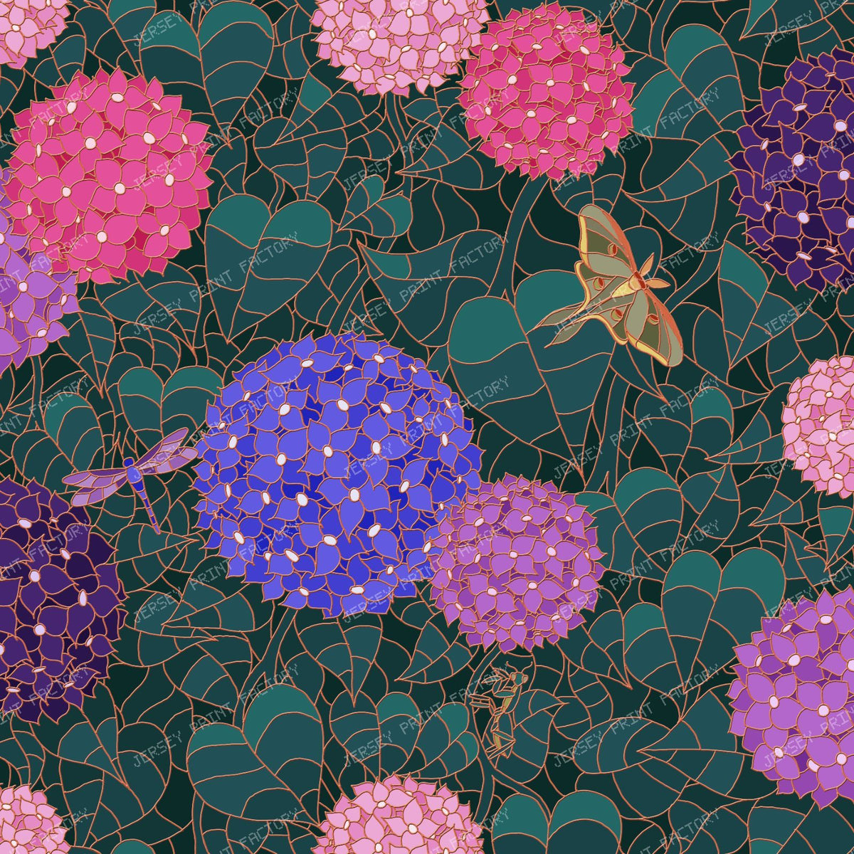 Stained Glass Hydrangea Garden — Moonlit Bronze with Luna Moth