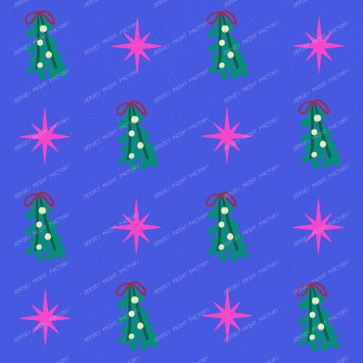 Whimsical Winter Mistletoe and Pink Stars on Purple — Bright Blue
