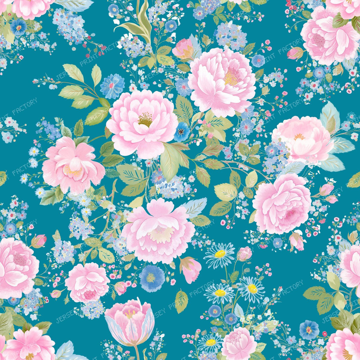 Pink Roses Garland French Country Rococo Pattern on Teal