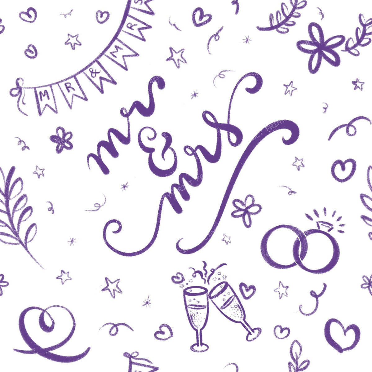 Mr & Mrs Wedding Doodles in Sage Green, engagement, bride, groom, i do — Dark Purple