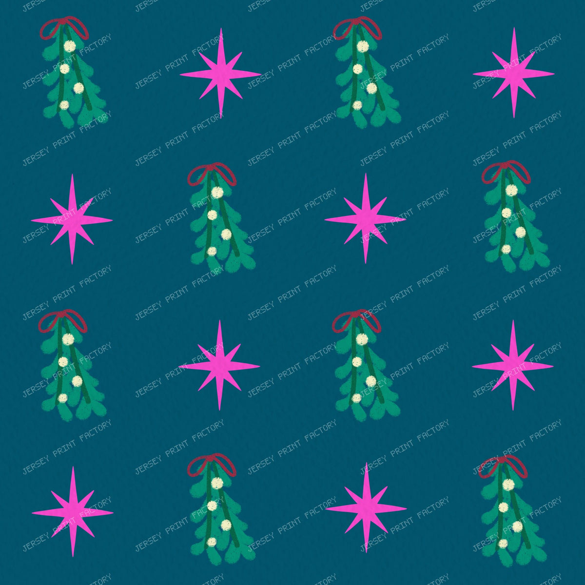 Whimsical Winter Mistletoe and Pink Stars on Purple — Teal