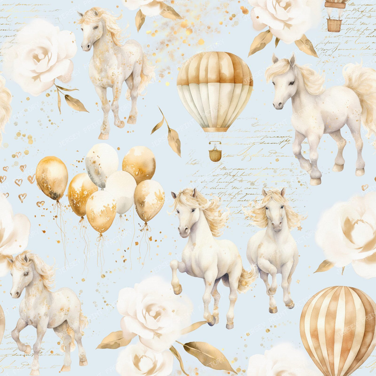 Cute Ponies and Balloons Pastel Colors Toile Pattern for Children on Blue