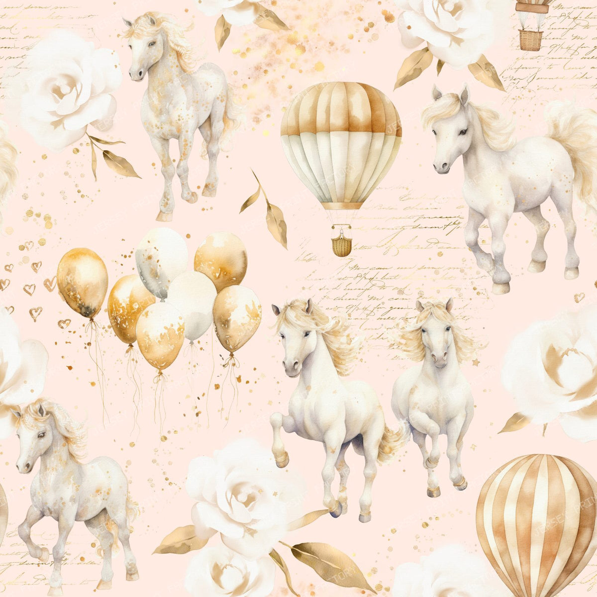 Cute Ponies and Balloons Pastel Colors Toile Pattern for Children on Pink
