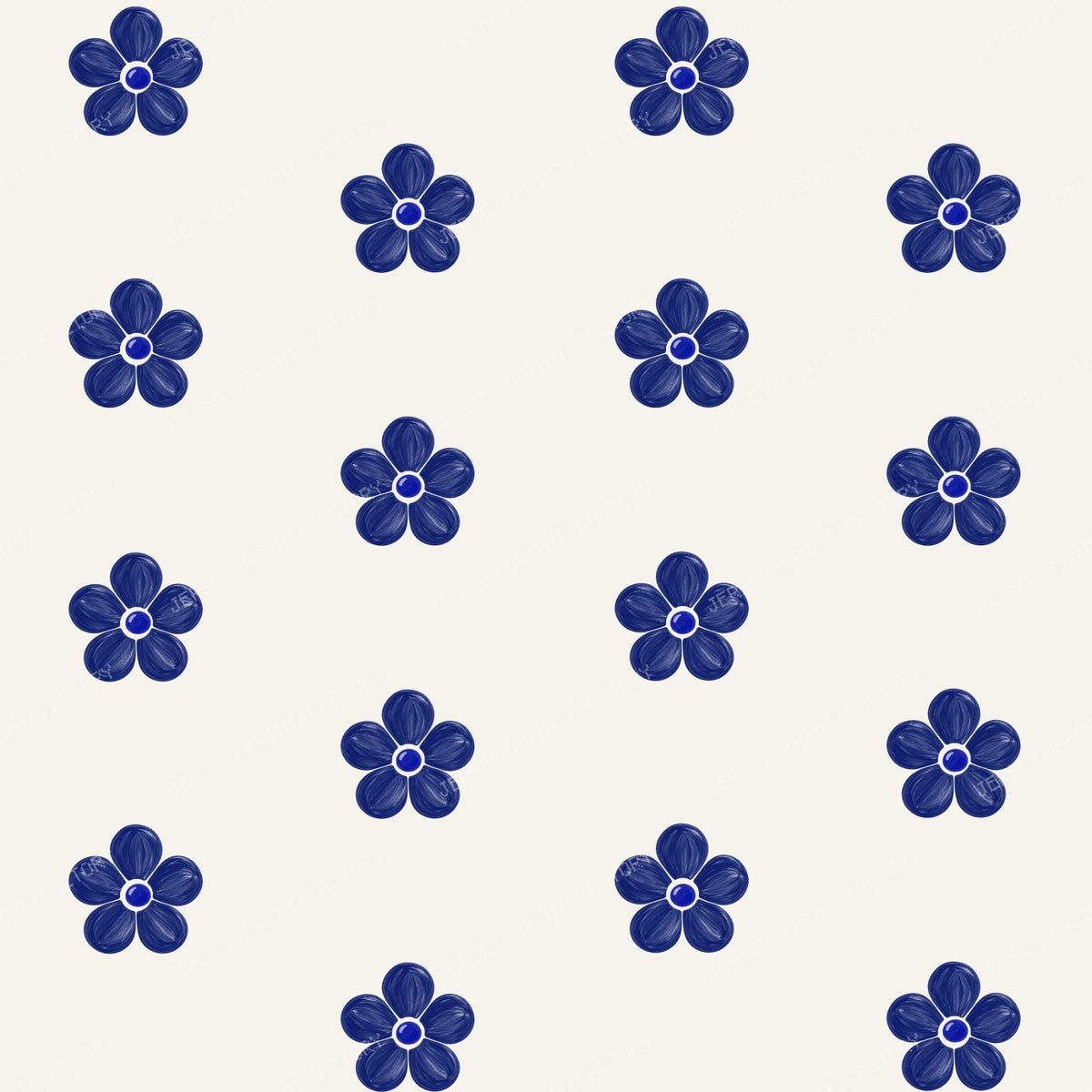 Polish Pottery Simple Ivory Daisy Flowers On Dark Cobalt Blue — Large Stoneware