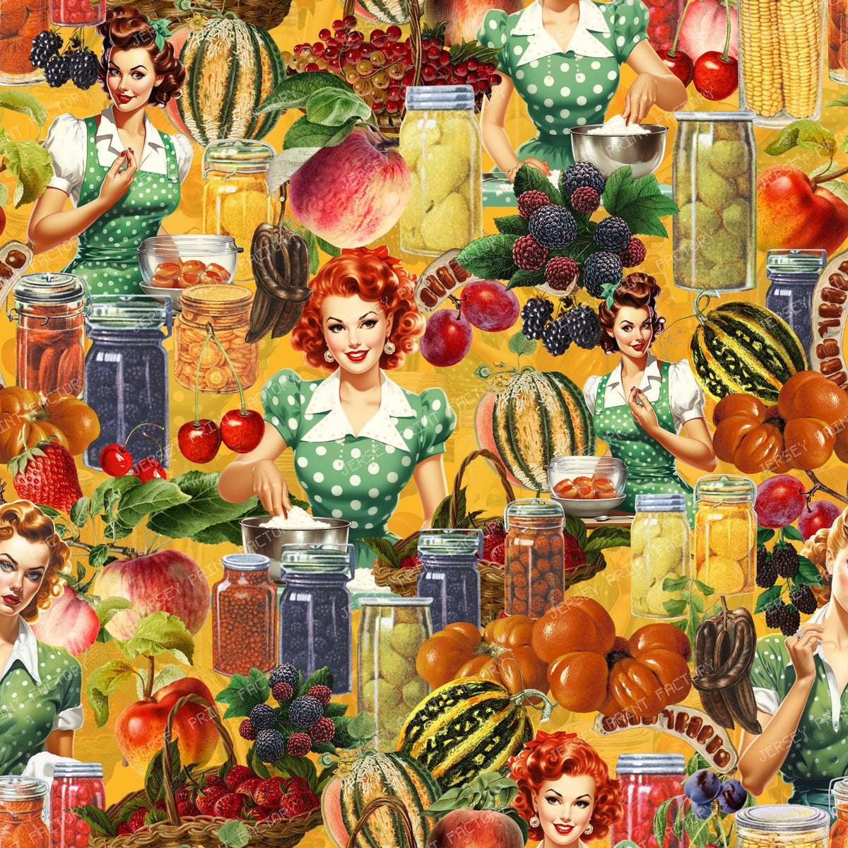 1950s Vintage Pin Up Housewife with Retro Kitchen Canning and Garden Harvest - Green — Yellow