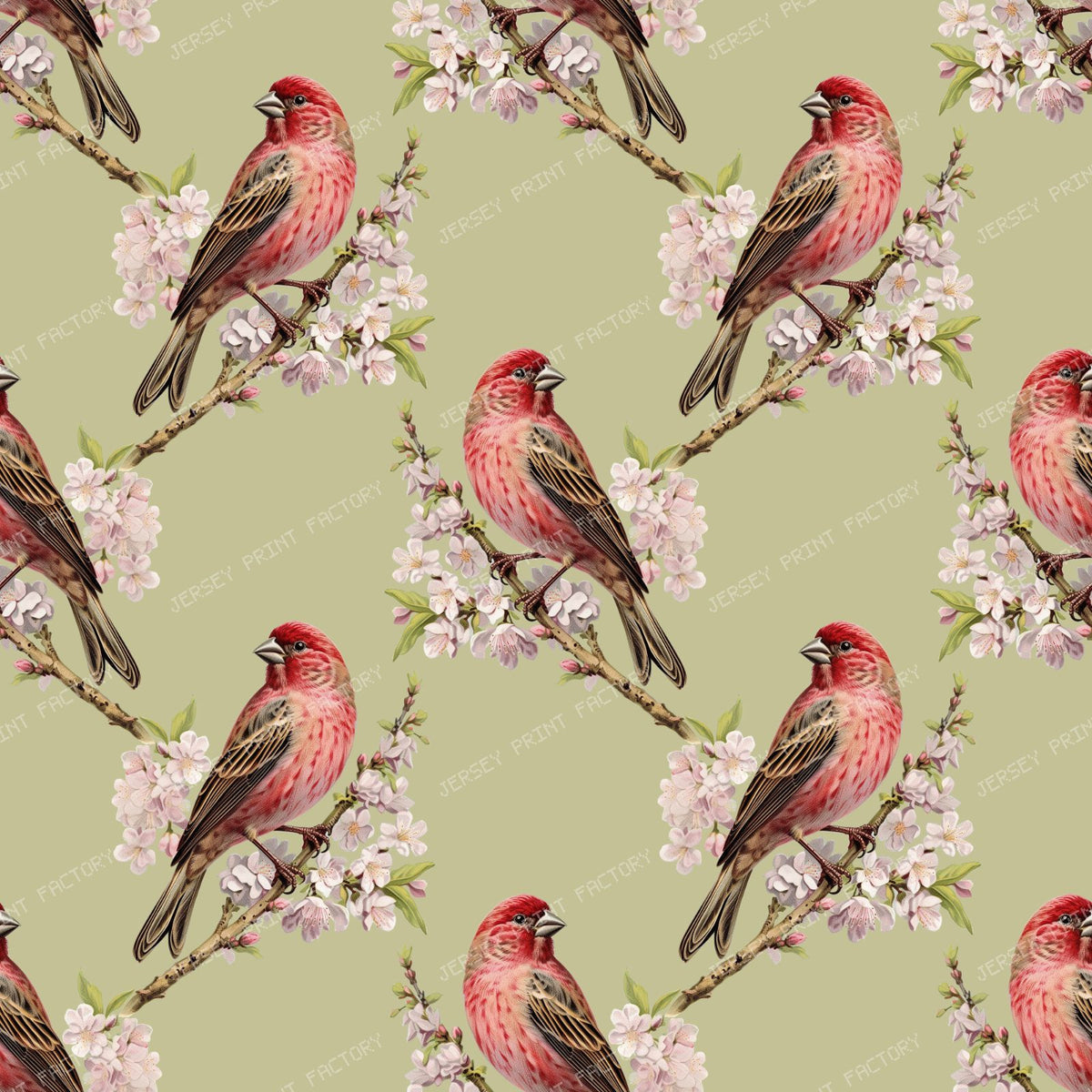 Pattern Of Birds, Red Birds, Summer Tanager, Cherry Blossom — Green