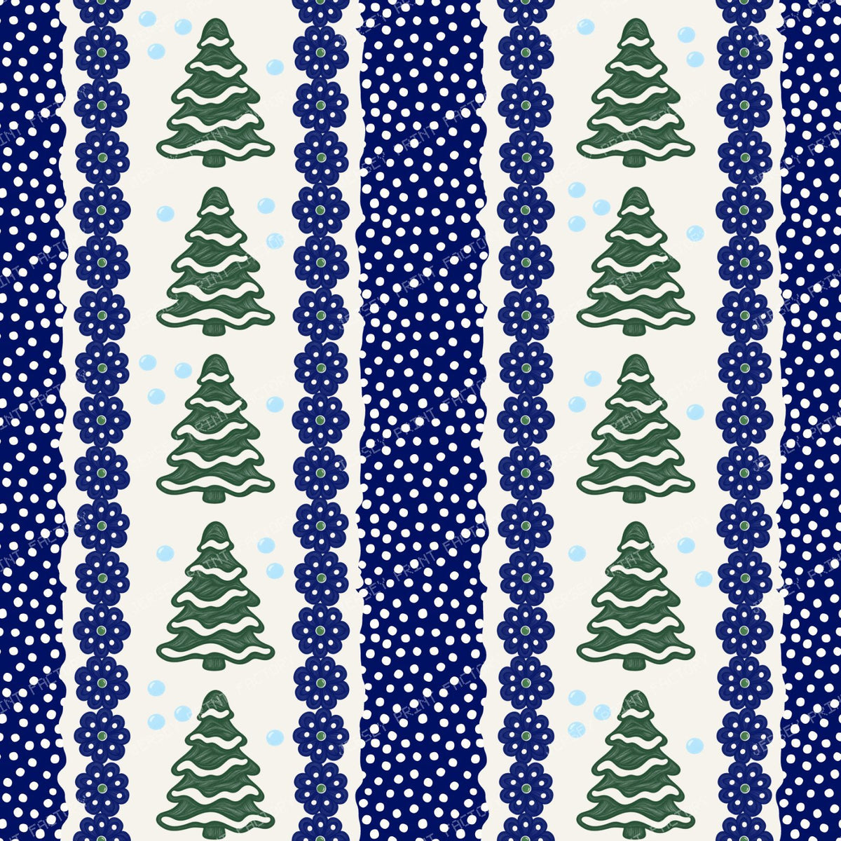 Snowy Pine Trees Folk Art Winter Snowflake Stripes In Green And Navy