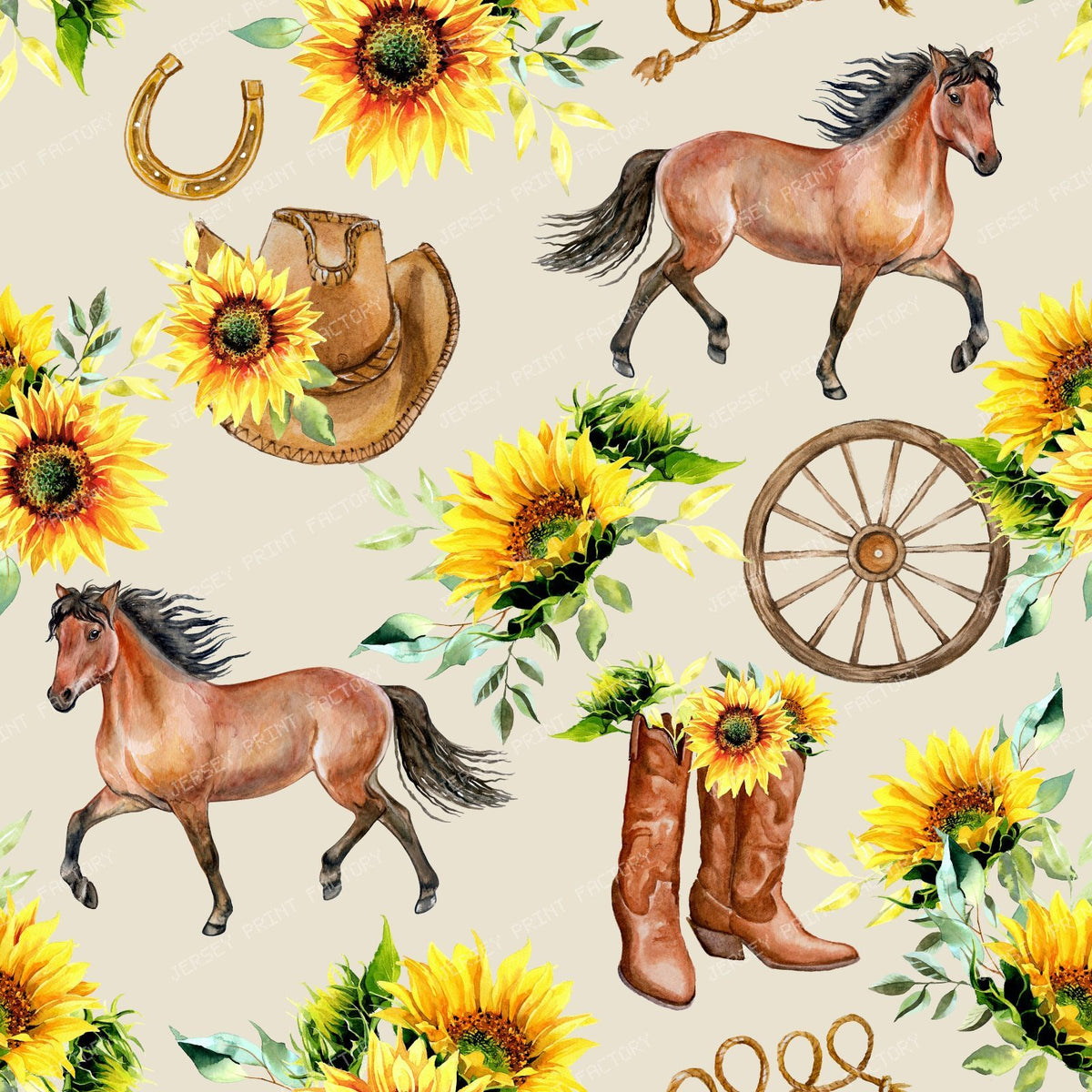 Horses and Sunflowers Country Farm Life Toile Pattern on Taupe
