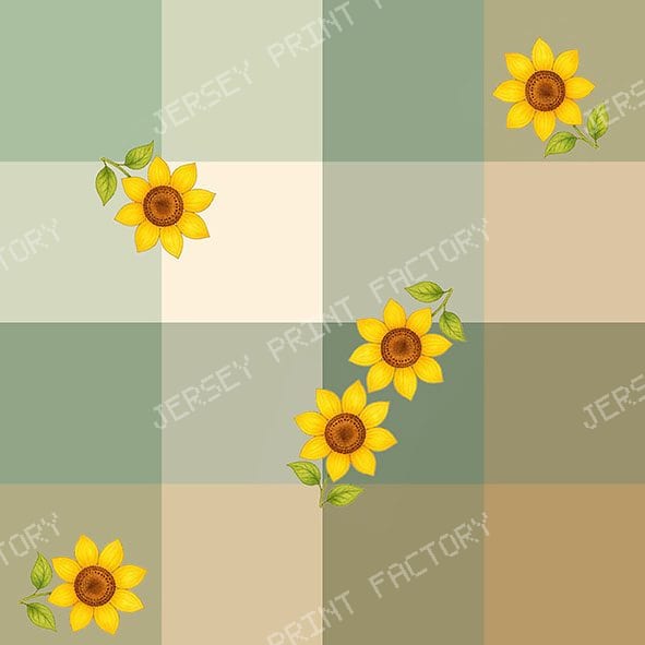 Classic gingham checks whit sunflowers — sage, green, beige
